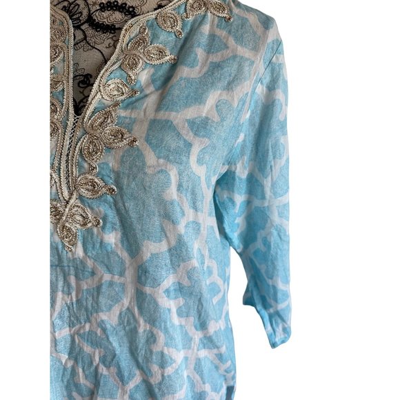 ROBERTA ROLLER RABBIT Blue Gold Scroll Detail Tunic Blouse Size Small - Picture 5 of 6